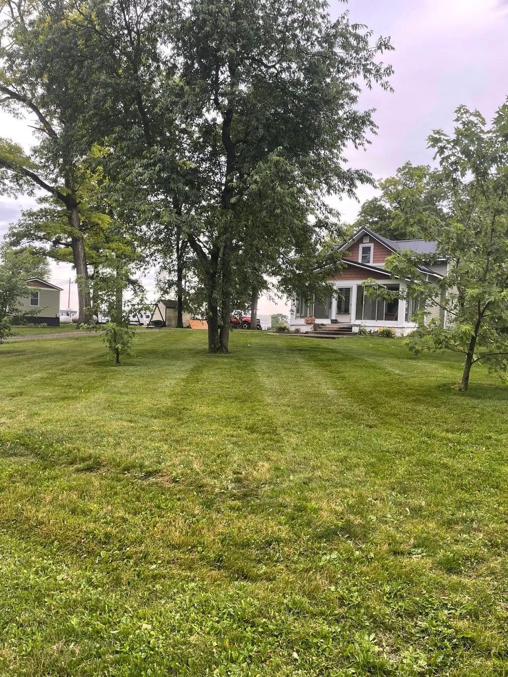 Lawn with freshly mowed grass in front of a charming house surrounded by trees.
